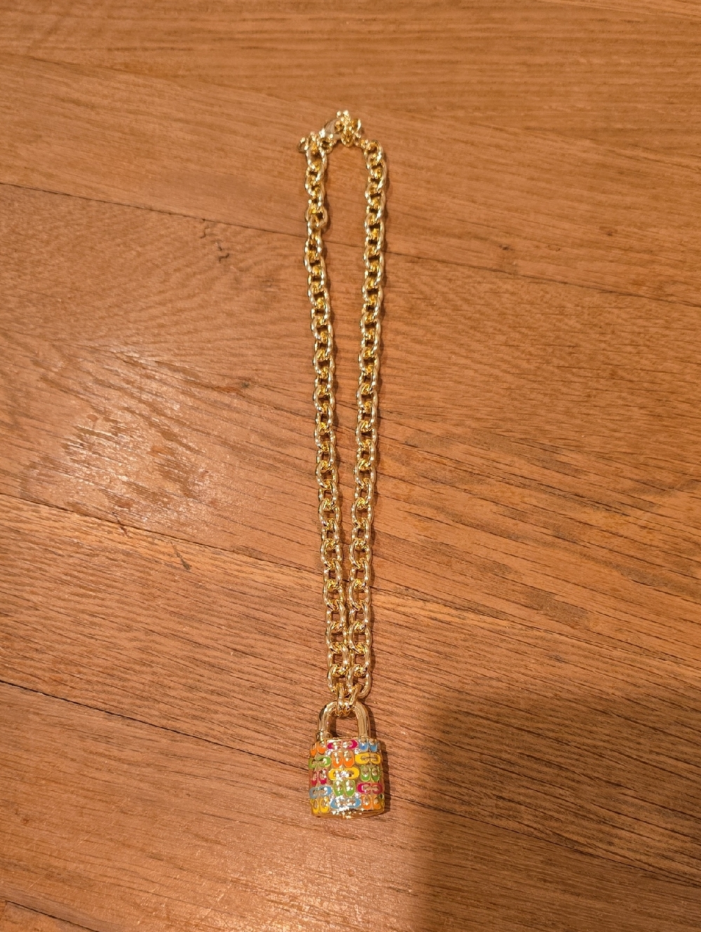 Coach Gold-tone Chain Necklace with Multicolor Enamel Padlock - Picture 2 of 4
